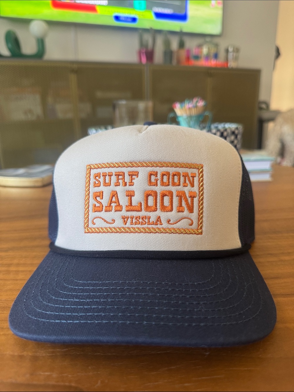 VISSLA Surf Goon Saloon Trucker Hat in Navy, Cream & Orange